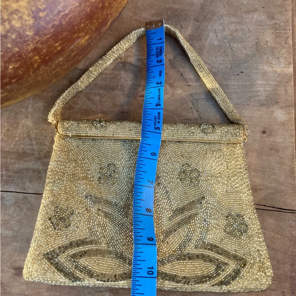 Vintage French DELILL Purse gold beaded lotus flower mini strap dainty art deco